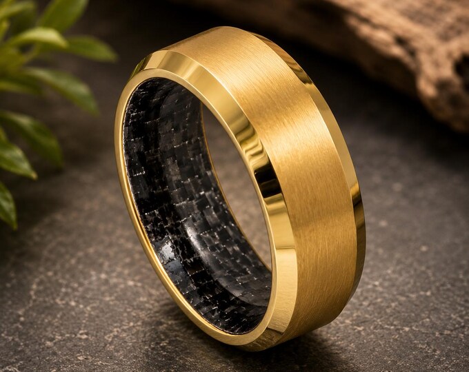 Custom Engraved Tungsten Wedding Band, 8mm Black Carbon Fiber Ring with Gold Accent, Personalized Wedding Ring, Unique Anniversary Gift