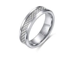 Custom Engraved Tungsten Ring, 8mm Silver Beveled Band with Carbon Fiber Inlay, Wedding Ring for Men or Women, Unisex Jewelry Durable Ring