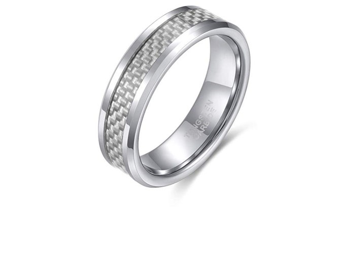Tungsten Ring with Silver Gray Carbon Fiber Inlay, Custom Engraved 6mm Dainty Ring, Durable Wedding Band Engagement & Anniversary Gift