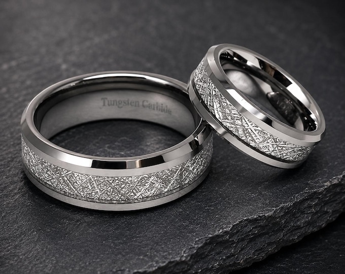Custom Engraved Tungsten Rings Set, Meteorite Inlay Wedding Band, Personalized Couples Ring, His and Hers Promise Ring,  Comfort Fit Band