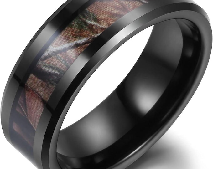 Custom 8mm Black Ceramic Wedding Band for Men, Forest Hunter Camo Inlay Ring with Beveled Edges, Hypoallergenic Band Outdoor Wedding Ring