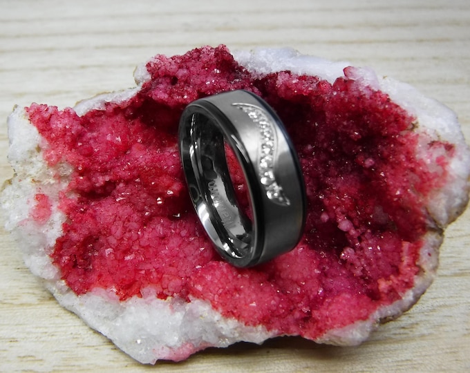 Custom Engraving - 8mm Titanium Black and Gun Metal wi/ Cubic Zirconia CZ on a Wave Groove Wedding Band Ring for Men Or Women