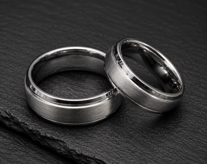 Personalized Tungsten Wedding Ring Set, Custom Laser Engraved Matching Bands, Brushed Center Finish Rings, His and Hers Anniversary Rings