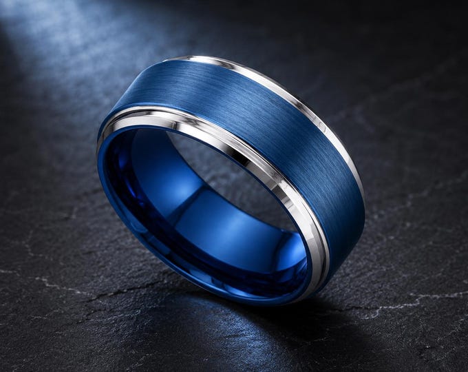 Personalized Electric Blue Tungsten Ring 9mm, Custom Engraved Wedding Band, Brushed Finish Step Edge Ring, Comfort Fit Promise Ring