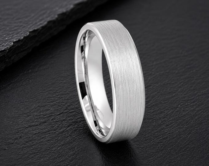 Custom Engraved Platinum Plated Tungsten Wedding Band 6mm, Personalized White Tungsten Ring, Men's Wedding Band, Comfort Fit Promise Ring