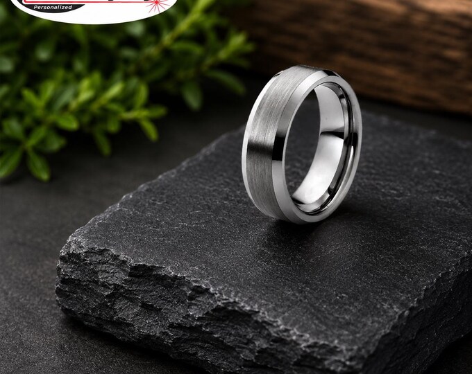 Personalized Engraved Tungsten Carbide Ring, Brushed Center Beveled Edge Wedding Band, Durable Comfort Fit Anniversary Promise Ring Jewelry