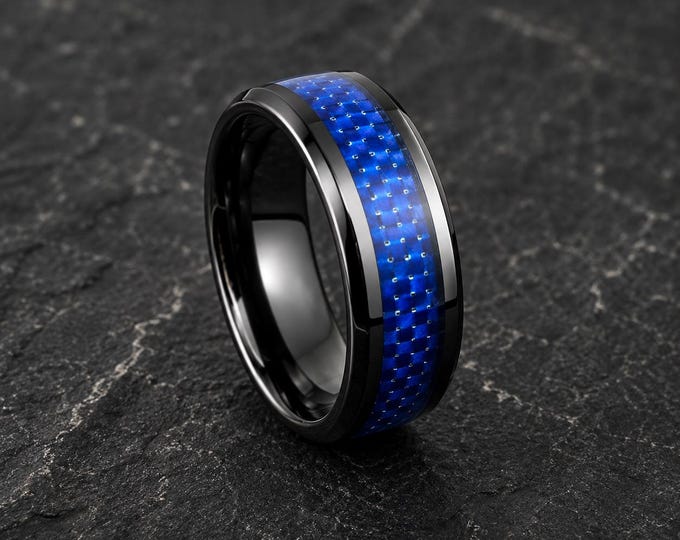 Ceramic Black Blue Silver Tungsten Ring, 8mm Dome Men's Black Ceramic Ring, Metal Crystal Black Ceramic Couple Rings, Men's Wedding Band