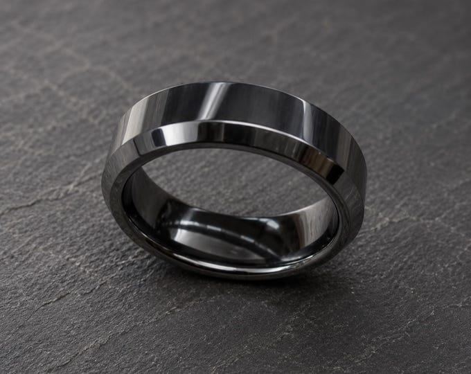 Polished Tungsten Carbide Wedding Band with Beveled Edge, Custom Engraved Ring for Him & Her, Durable Comfort Fit Anniversary Promise Band