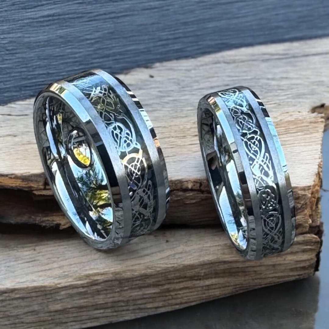 Celtic Knot & Dragon Matching Bands, Custom Engraved Tungsten Couple ...