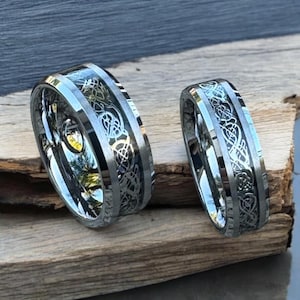 Celtic Knot & Dragon Matching Bands, Custom Engraved Tungsten Couple Ring Set, Personalized Promise Rings for Him and Her Anniversary Gift