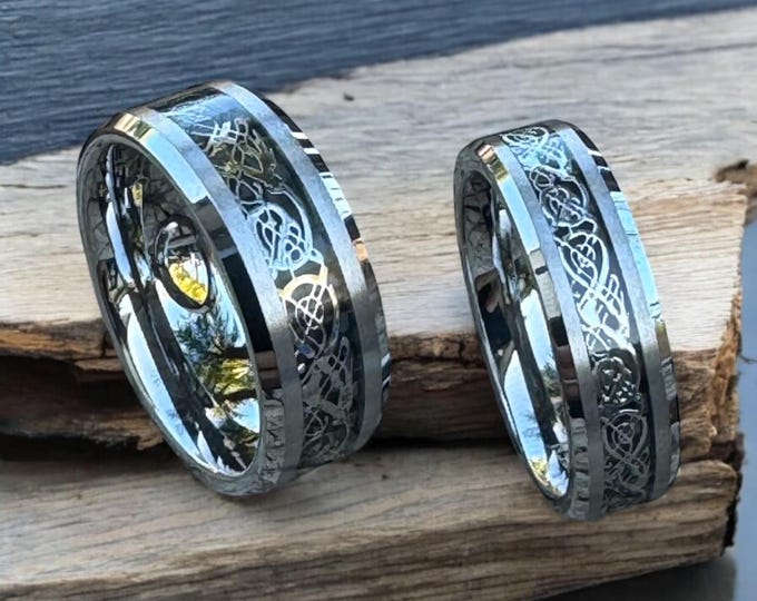 Celtic Knot & Dragon Matching Bands, Custom Engraved Tungsten Couple Ring Set, Personalized Promise Rings for Him and Her Anniversary Gift