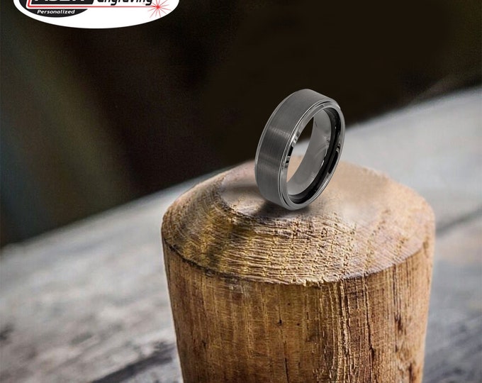 Tungsten Wedding Band, Custom Engraved Statement Ring, 8mm Gunmetal Brushed Ring for Men & Women, Anniversary or Engagement Band