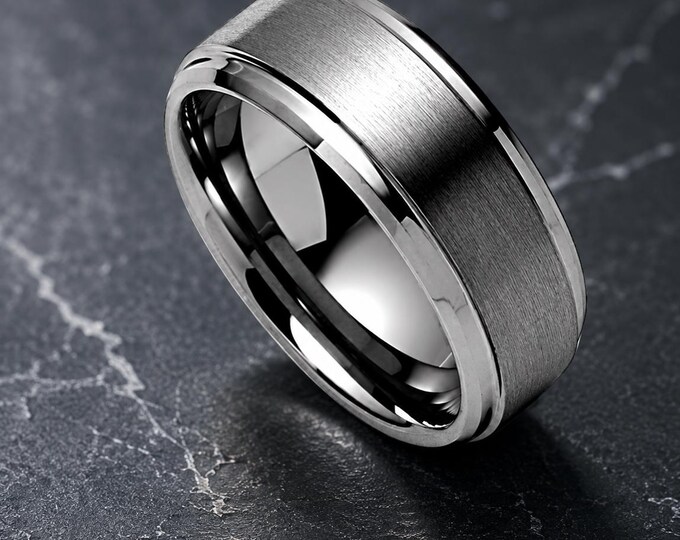 Tungsten Carbide Wedding Bands Set, 8mm 6mm Brushed Step Edge Rings
