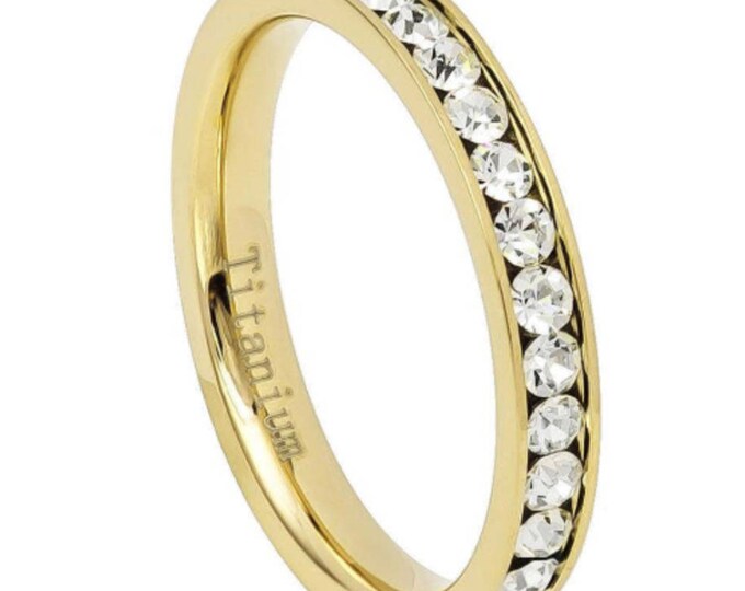 Gold Plated Eternity Ring with CZs, Wedding Band for Men & Women, Custom Engraved 3mm Titanium Ring, Personalised Durable and Stylish Ring
