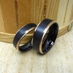 Black Brushed Center with Rose Gold Edge, 8mm and 6mm Matching Bands, Custom His & Hers Titanium Wedding Ring Set, Engagement Ring Set