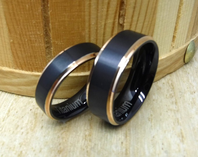 Titanium Wedding Band Set, His and Hers Black Brushed & Rose Gold Plated Couple Rings, 8mm/6mm Promise Rings, Custom Engraved Couple Rings