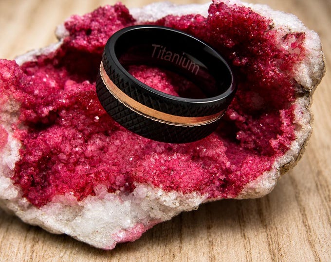 Custom Engraved 8mm Titanium Wedding Band, Tire Groove Ring with Rose Gold Stripe, Personalized Wedding Ring, Anniversary Comfort Fit Band