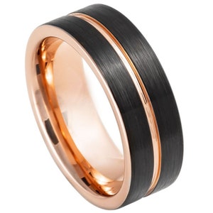 Gratis gepersonaliseerde lasergravure ring voor mannen en vrouwen TheRingCrafter Tweekleurige Rose & Black gegroefde Pipecut trouwringringen voor koppels