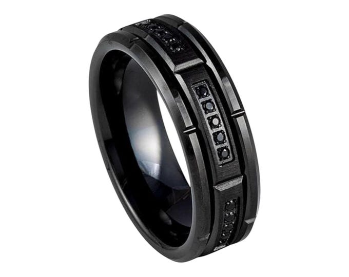 Black Tungsten Wedding Band for Him & Her, Custom Engraved Dainty Ring, 8mm Sectional Design Ring with Black CZ, Durable IP Plating Ring