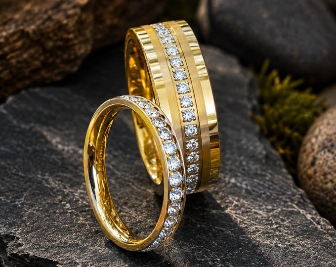 Personalized Gold Tungsten Ring Set, CZ Inlay Wedding Bands, Titanium Eternity Rings, Custom Engraved Couple Rings, Matching Jewelry Gift