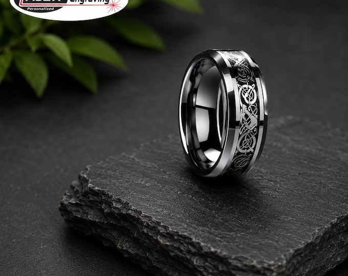 Personalized Tungsten Celtic Dragon Wedding Band, Custom Engraved Men’s Ring, Fantasy Dragon Pattern Comfort Fit Anniversary Promise Ring