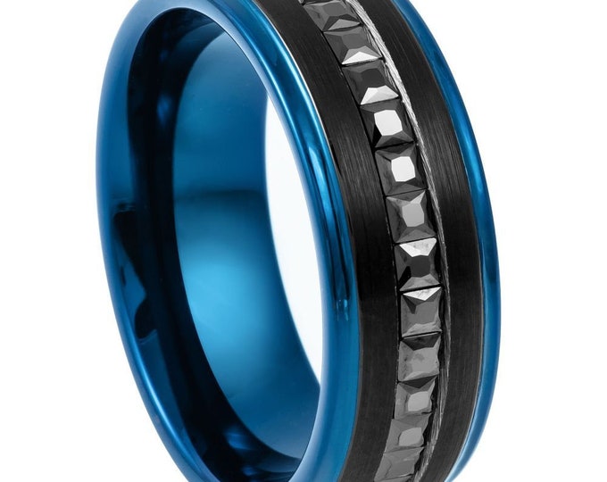 Personalized Engraving  8mm Blue Tungsten with Black CZ Princess Cut Eternity | Engagement Anniversary | Wedding Band Ring for Men Or Women
