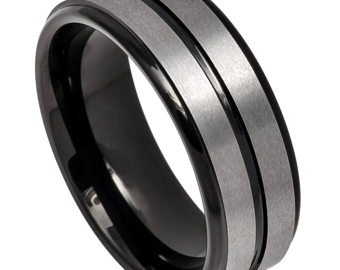 8mm Black Tungsten Carbide Wedding Band, Custom Engraved Dainty Ring, Sleek Grooved Center Ring with Polished Beveled Edges for Men & Women