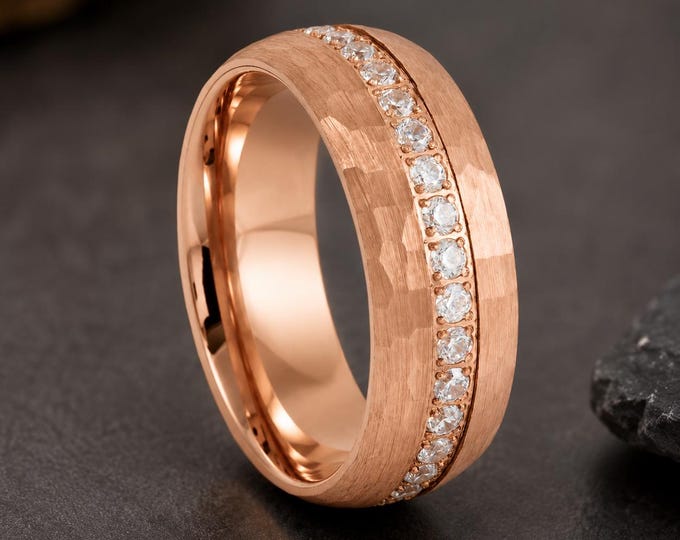 Personalized 8mm Rose Gold Ring, Tungsten Carbide CZ Eternity Ring, Prong Set Round Cut Wedding Band, Custom Engraved Scratch Resistant Ring