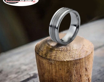 Personalized 8mm Tungsten Carbide Ring – Brushed Center, Grooved Wedding Band
