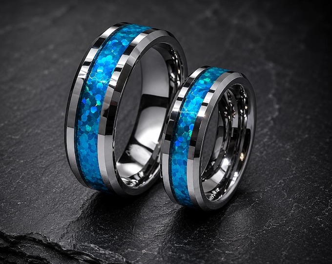 Custom Engraved Couple Ring Set, Blue Hawaiian Fiber Inlay Wedding Bands, 8mm & 6mm Beveled Edge Tungsten Rings, Personalized Matching Rings