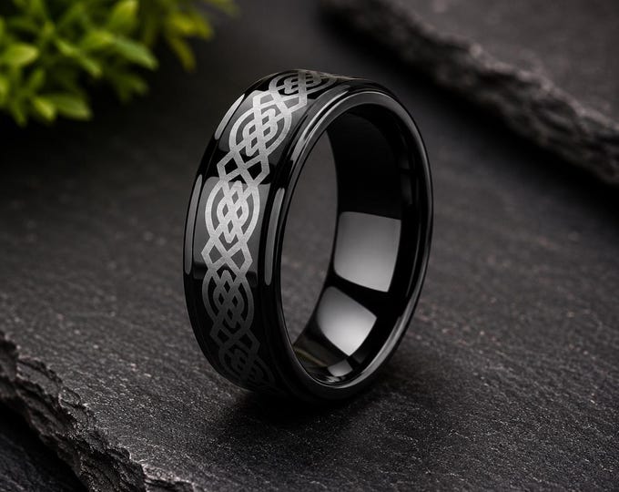 Celtic Knot Black Tungsten Ring, Custom Laser Engraved Wedding Band, Unique Irish Inspired Jewelry, Durable Couple's Anniversary Ring