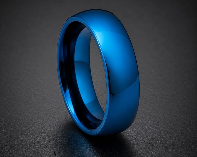 Personalized Laser Engraved Ring, 6mm Blue Shiny Tungsten Carbide Wedding Band, Custom Men’s & Women’s Engagement Anniversary Promise Ring