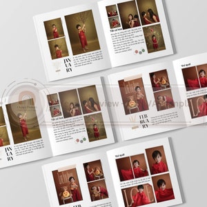 Może przedstawiać: Album ze zdjęciami z czerwonymi i białymi okładkami, na kt&oacute;rych widać dziecko w czerwonym stroju. Album ma na okładkach napisy "Styczeń", "Luty" i "Zawsze Cię Kocham". Album jest ozdobiony kwiatami i sercami.