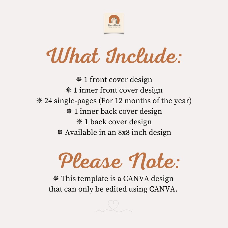 Może przedstawiać: Cyfrowy szablon planera do druku dla Canva. Tekst brzmi "What Include: * 1 front cover design * 1 inner front cover design * 24 single-pages (For 12 months of the year) * 1 inner back cover design * 1 back cover design * Available in an 8x8 inch design Please Note: * This template is a CANVA design that can only be edited using CANVA."