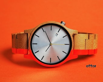 Painted wooden bamboo watch, Neon Orange