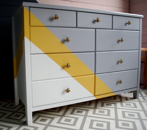 Sold Painted Chest Of Drawers Grey White And Yellow Bee Etsy