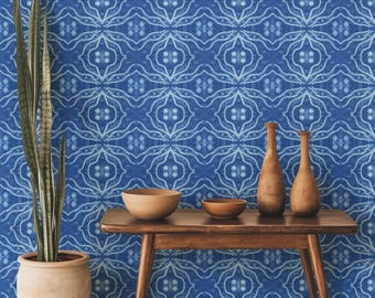 Indigo Blue Denim Stitched Shibori Coastal Quatrefoil Wallpaper (Peel & Stick, Pre-Pasted)