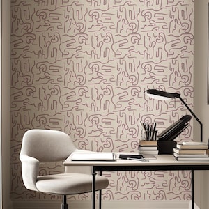 Dusty Mauve Minimalist Abstract Scribble Lines Geometric Wallpaper (Peel & Stick, Pre-Pasted)