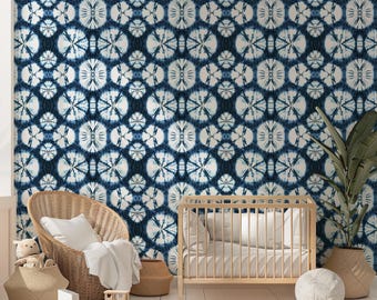 Indigo Blue Kumo Shibori Circles Tie-Dye Coastal Bohemian Wallpaper (Peel & Stick, Pre-Pasted)