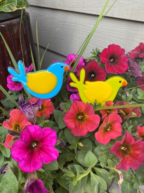 Bird Garden Plant Stake - Fused Glass Plant Stake - Glass Bird Garden Plant Stake - Whimsical Garden Plant Stake