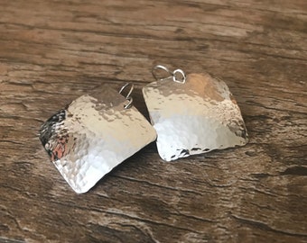 Square Sterling Silver Earrings - Hammered Silver Square Earrings - 1.1 Inch Hammered Sterling Silver Square Earrings