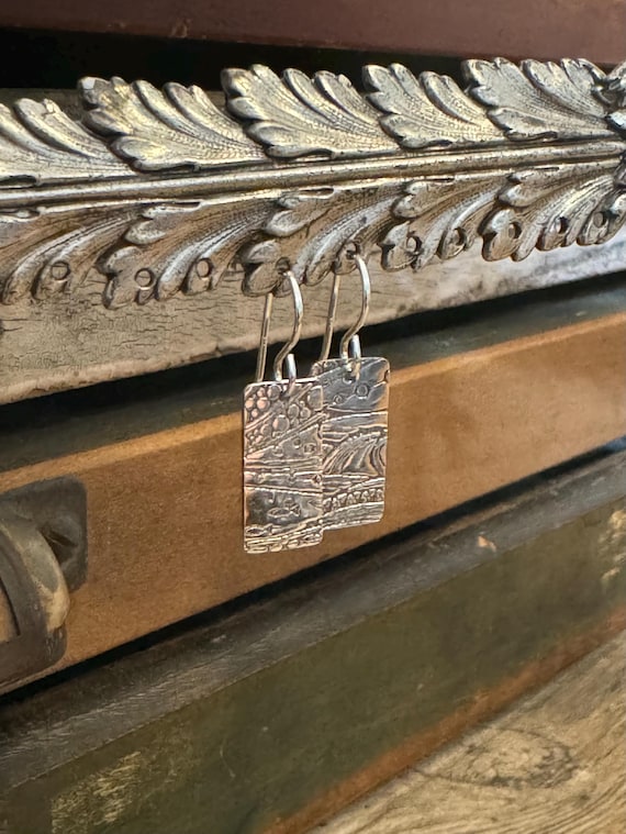 Silver Rectangle Earrings - Sterling Silver Textured Bar Earrings - Lightweight Bar Earrings -  Silver Textured Earrings