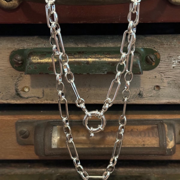 Alternating Link Sterling Silver Chain Necklace - Silver Chunky Chain Necklace With Alternating Links and Bolt Clasp