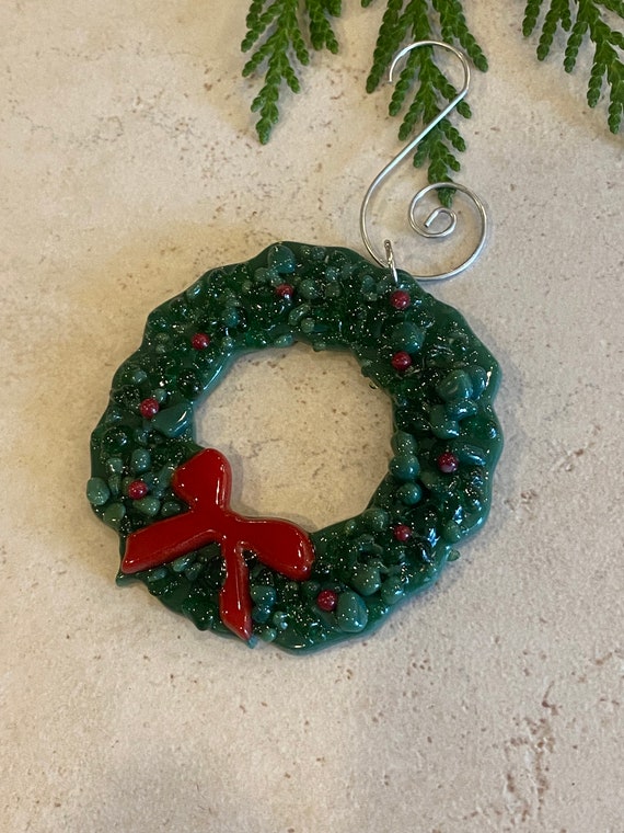 Fused Glass Holiday Wreath Ornament, Christmas Ornament, Holiday Ornament, Fused Glass Ornament