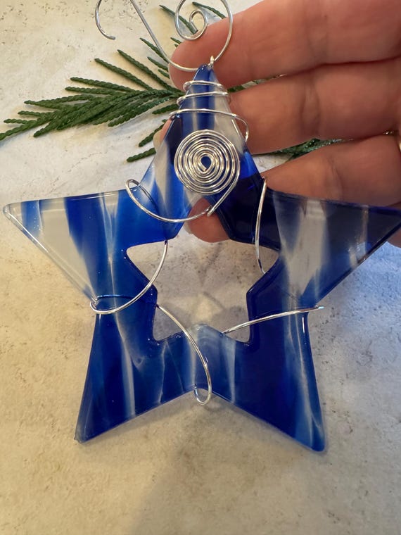 Traditional Fused Glass Star with White and Cobalt Blue Accents - Wire Wrapped Star - Star Suncatcher - Glass Star Ornament - Glass Star