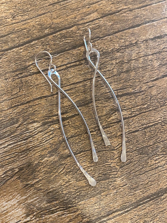 Sterling Silver Dangle Earrings - Long Silver Earrings - Silver Hammered Dangle Earrings