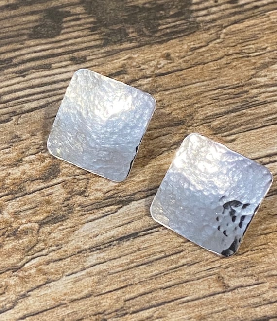 Post Back Silver Earrings - Square Silver Post Earrings - Hammered Silver Square Earrings - Sterling Silver Square Earrings