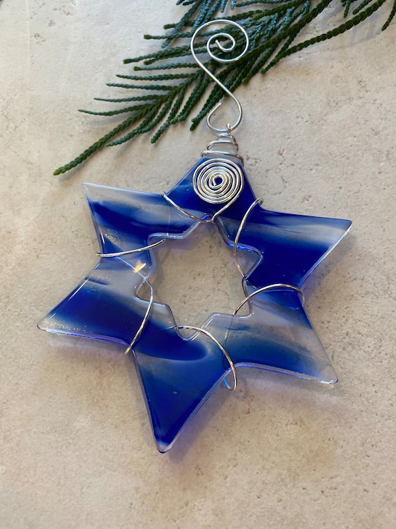 Fused Glass Star of David- Wire Wrapped Star- Fused Glass Suncatcher- Hanukkah Decoration- Chanukah - Jewish Holiday Star Of David