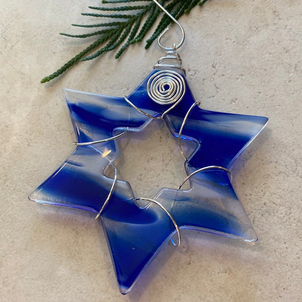 2023 Glass Star of David- Wire Wrapped Star- Fused Glass Suncatcher- Hanukkah Decoration- Chanukah - Jewish Holiday Star Of David