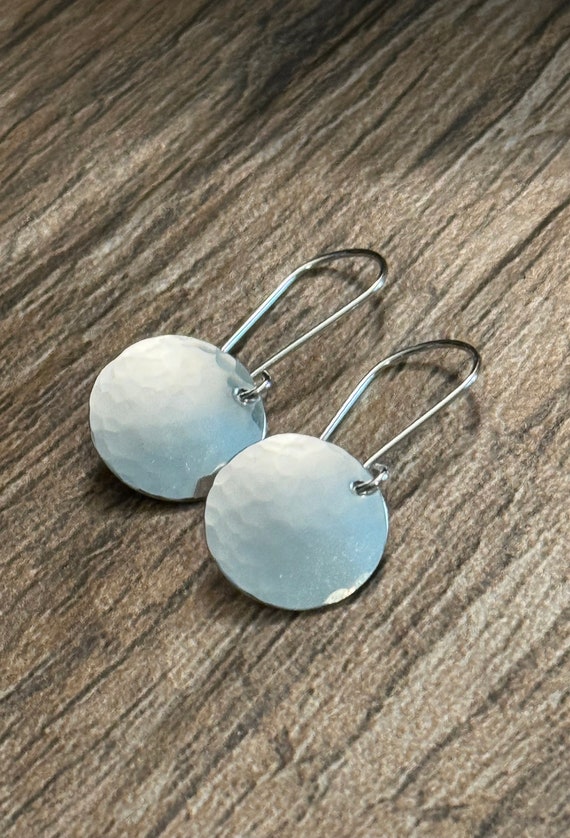 Gently Curved Sterling Silver Disk Earrings - Silver Disk Earrings - Hand Cut and Curved Disk Earrings - Silver Hammered Disk Earrings